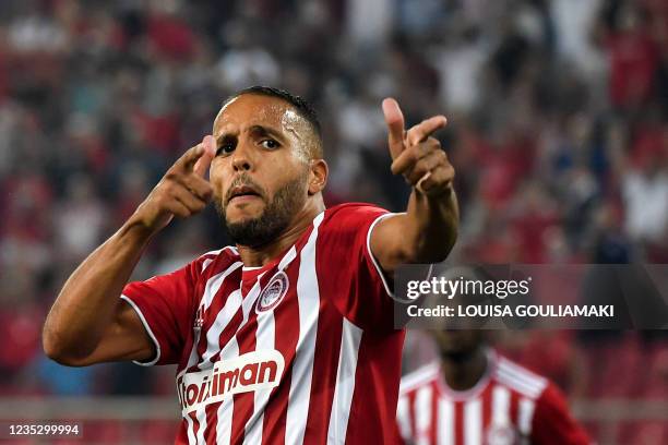 Olympiacos' Moroccan forward Youssef El-Arabi celebrates after scoring a goal during the UEFA Europa League Group D football match between Olympiacos...