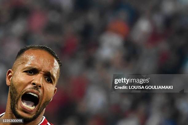 Olympiacos' Moroccan forward Youssef El-Arabi celebrates after scoring a goal during the UEFA Europa League Group D football match between Olympiacos...