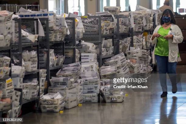 Pomona , CA Basket of recall election ballots ready for sort and verification process at the Los Angeles County Registrar of Voters satellite office...