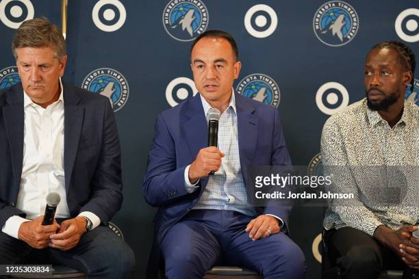 President of basketball operations of the Minnesota Timberwolves, Gersson Rosas talks to the media during an introductory press conference on...