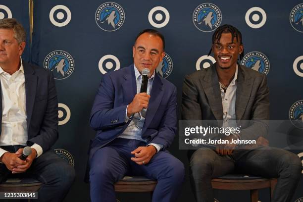 President of basketball operations of the Minnesota Timberwolves, Gersson Rosas talks to the media during an introductory press conference on...