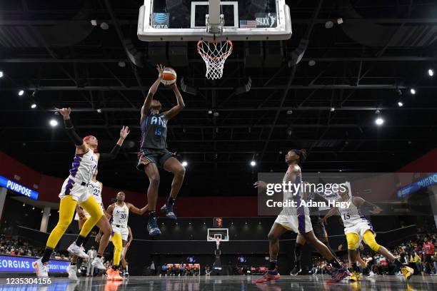 Tiffany Hayes of the Atlanta Dream shoots the ball during the game against the Los Angeles Sparks on September 16, 2021 at Gateway Center Arena in...