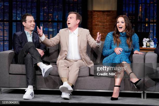 Episode 1193A -- Pictured: Brooklyn 99 co-creator Dan Goor and cast members Joe Lo Truglio and Melissa Fumero during an interview with host Seth...