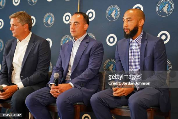 President of basketball operations of the Minnesota Timberwolves, Gersson Rosas and Jordan McLaughlin of the Minnesota Timberwolves talk to the media...
