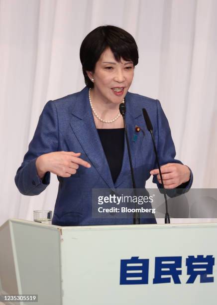 Sanae Takaichi, former internal affairs minister of Japan, delivers her campaign speech for the Liberal Democratic Party's presidential election at...