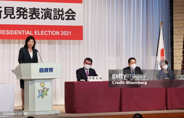 Seiko Noda, former communications minister of Japan, delivers her campaign speech for the Liberal Democratic Party's presidential election as other...