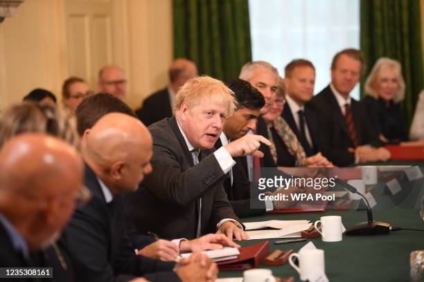 Prime Minister Boris Johnson speaks during the first post-reshuffle cabinet meeting in Downing Street on September 17, 2021 in London, England.
