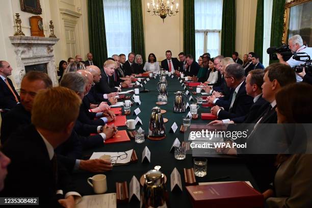 Prime minister Boris Johnson speaks during the first post-reshuffle cabinet meeting in Downing Street, on September 17, 2021 in London, England.