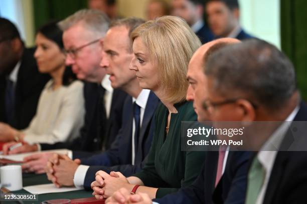 Britain's Home Secretary Priti Patel, Britain's Housing Secretary Michael Gove, Britain's Justice Secretary and deputy Prime Minister Dominic Raab,...