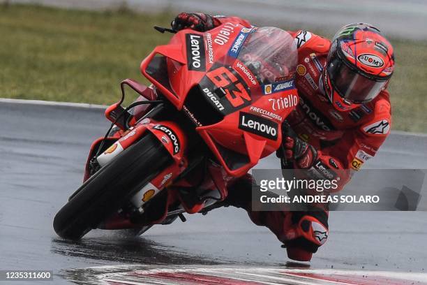 Ducati Italian rider Francesco Bagnaia rides his bike during the second free practice session ahead of the San Marino MotoGP Grand Prix at the Misano...