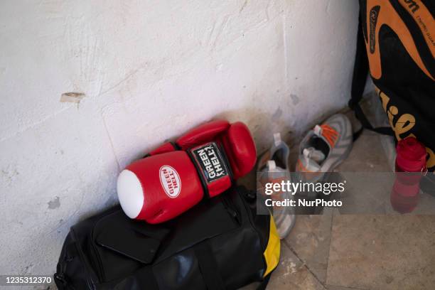 Boxing glove that is belonging to an Afghan refugee kickboxer, is pictured during a kickboxing exercise session in a park in Tehran, September 10,...