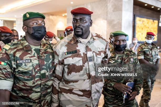 President of the National Committee for Rally and Development Colonel Mamady Doumbouya leaves a meeting with high level representatives of the...