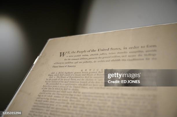 Page of the first printing of the United States Constitution is displayed at the offices of Sotheby's auction house in New York on September 17,...