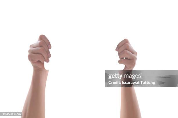 human hands holding blank isolated on white background - placard foto e immagini stock