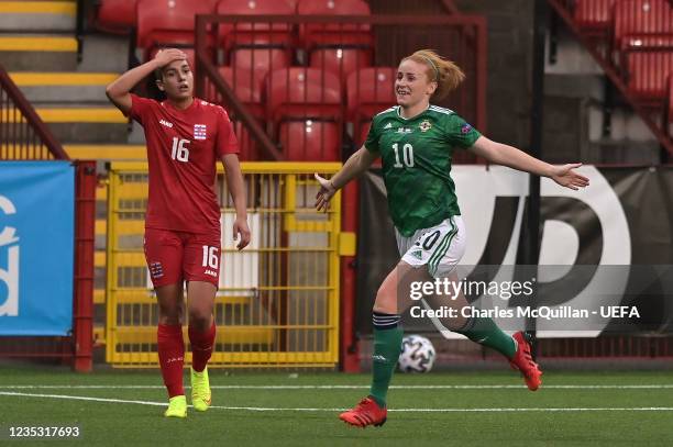 Rachel Furness of Northern Ireland celebrates after scoring her sides second goal during the FIFA Women's World Cup 2023 Qualifier group D match...