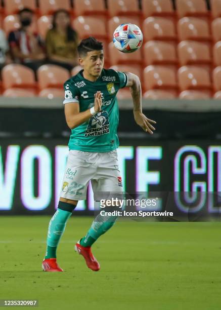 Club Leon defender Santiago Colombatto heads the ball during the Leagues Cup semifinal soccer match between Pumas and Club Leon on September 15, 2021...