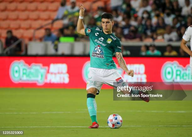 Club Leon defender Santiago Colombatto sends the ball into play during the Leagues Cup semifinal soccer match between Pumas and Club Leon on...