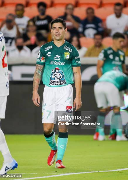 Club Leon forward Vito Davila waits for play to begin after a player injury during the Leagues Cup semifinal soccer match between Pumas and Club Leon...