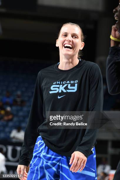 Allie Quigley of the Chicago Sky smiles before the game against the Las Vegas Aces on September 17, 2021 at the Wintrust Arena in Chicago, Illinois....