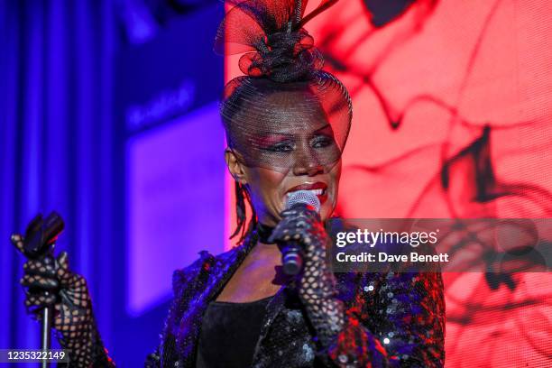 Grace Jones performs during the Icon Ball during London Fashion Week September 2021 at The Landmark Hotel on September 17, 2021 in London, England.