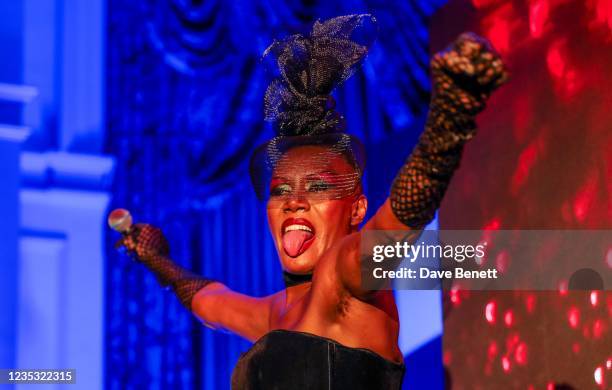 Grace Jones performs during the Icon Ball during London Fashion Week September 2021 at The Landmark Hotel on September 17, 2021 in London, England.