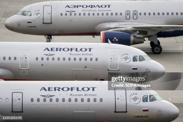 Aeroflot Russian Airlines Airbus A320 civil jet aircrafts at Moscow-Sheremetyevo International Airport.