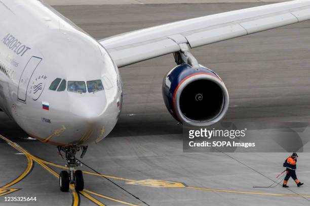 Aeroflot Russian Airlines Boeing 777-300ER widebody jet aircraft at Moscow-Sheremetyevo International Airport.