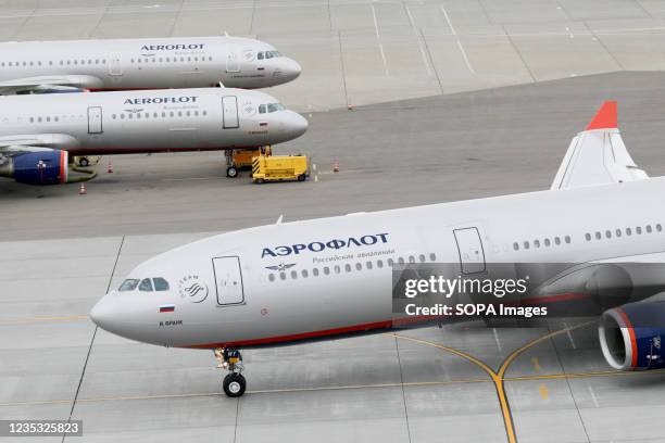 Aeroflot Russian Airlines civil jet aircrafts produced by Airbus at Moscow-Sheremetyevo International Airport.