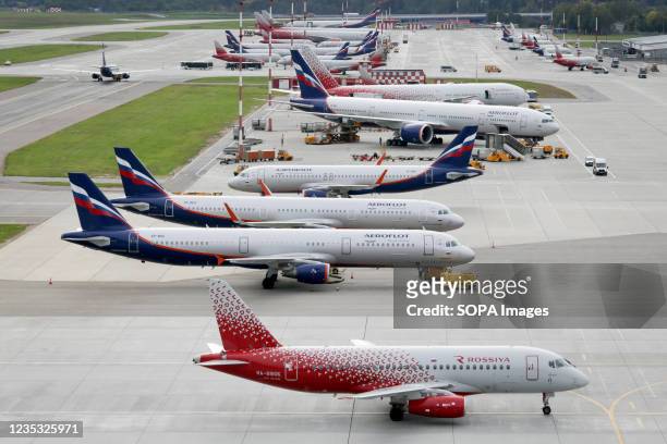 Aeroflot Russian Airlines and Rossiya Airlines jet aircrafts at Moscow-Sheremetyevo International Airport.