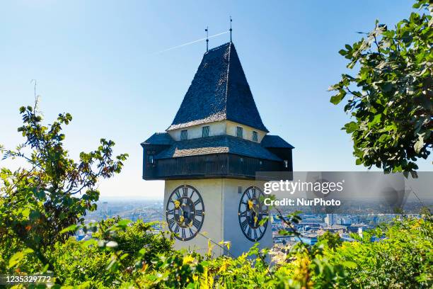 Clock Tower at The Schlossberg in Graz, Austria on September 11, 2021.