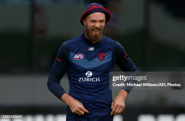 Max Gawn of the Demons looks on during the Melbourne Demons training session at Lathlain Park on September 18, 2021 in Perth, Australia.