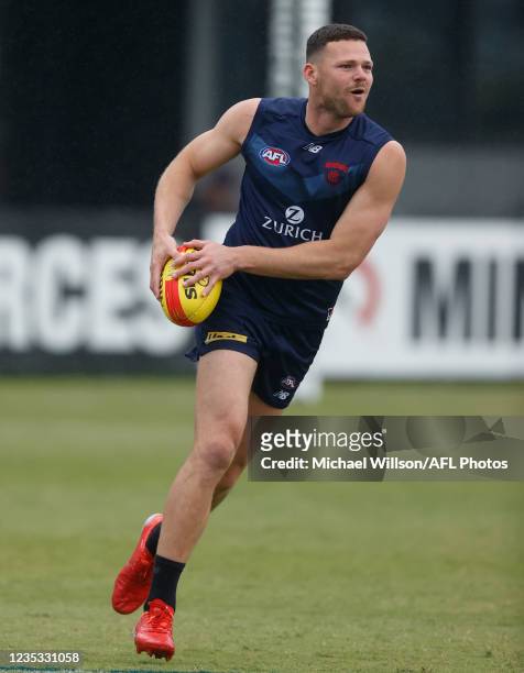 Steven May of the Demons in action during the Melbourne Demons training session at Lathlain Park on September 18, 2021 in Perth, Australia.