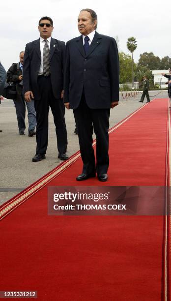 Picture of Algerian President Abdelaziz Bouteflika taken 15 April 2004 in Algiers during his French counterpart Jacques Chirac's visit. Chirac is in...