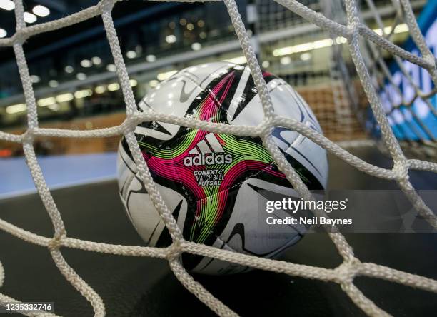 General view of the offical ball with the Adidas logo on it prior to the Futsal game between Germany and Wales at the Castello on September 18, 2021...