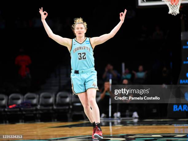 Sami Whitcomb of the New York Liberty celebrates after hitting a shot during the game against the Washington Mystics on August 12, 2021 at Barclays...