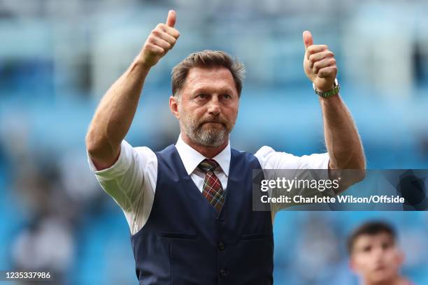 Southampton manager Ralph Hasenhuttl gestures to the fans after they draw 0-0 with Man City during the Premier League match between Manchester City...