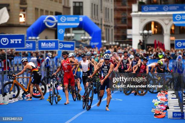 Leo Bergere of France competes in the bike leg during the Elite men sprint distance during the World Triathlon Championship Series Hamburg 2021 on...
