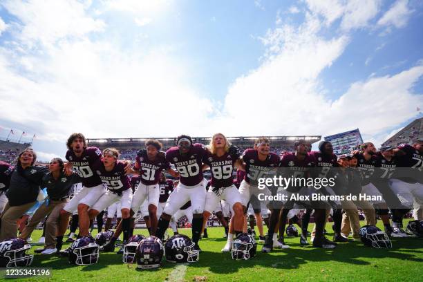Group of Texas A&M Aggies players perform the Aggie war hymn after the game between Texas A&M Aggies and New Mexico Lobos at Kyle Field on September...