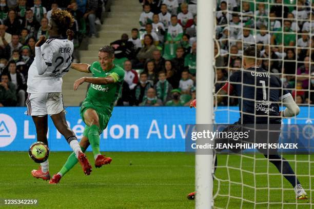 Saint-Etienne's French midfielder Romain Hamouma kicks the ball during the French L1 football match between Saint-Etienne and FC Girondins de...