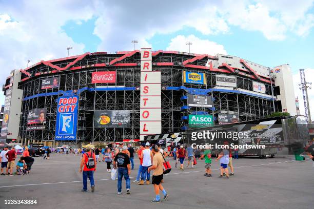 Fans enjoy the souvenir trailers in the FanZone before the running of the 61st Annual Bass Pro Shops NRA Night Race on September 18, 2021 at the...