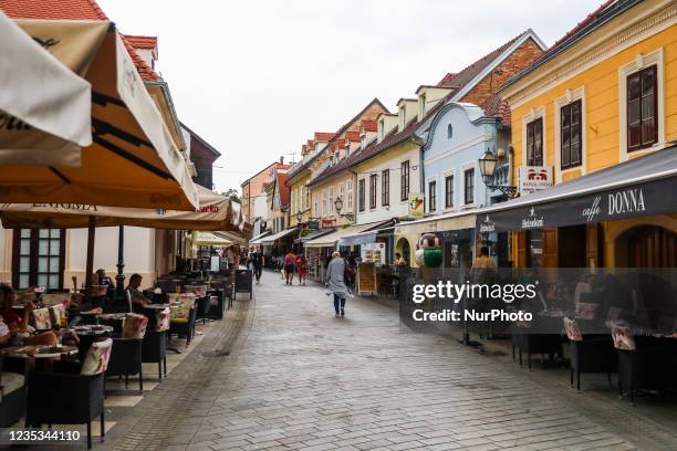 Restaurants and cafes in the old town in Zagreb, Croatia on September 16, 2021.