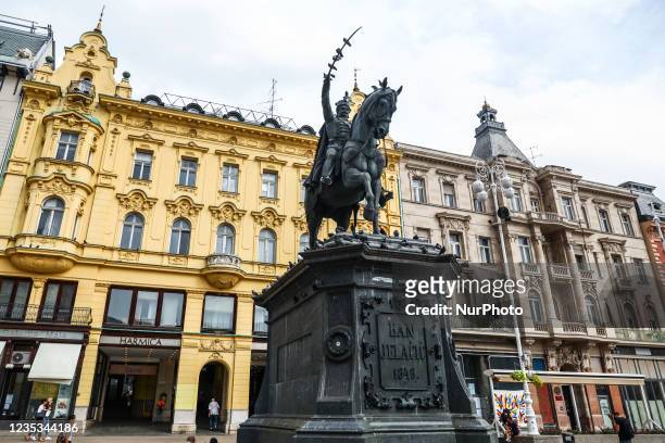 Ban Josip Jelacic monument statue on the main square iin Zagreb, Croatia on September 16, 2021.
