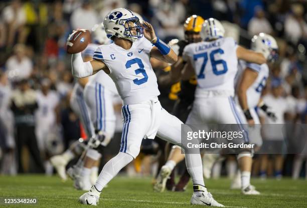 Jaren Hall of the BYU Cougars throws a pass against the Arizona State Sun Devils during their game September 18, 2021 at LaVell Edwards Stadium in...