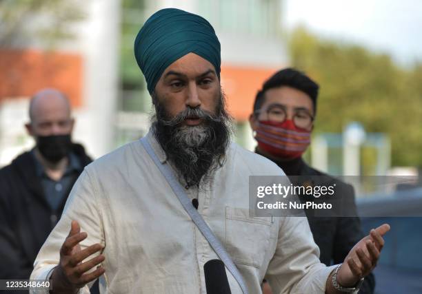 Jagmeet Singh, leader of the New Democratic Party, addresses the media near the East Edmonton Health Centre as he meets with healthcare workers...