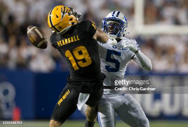 Angelo Mandell of the BYU Cougars breaks up a pass play intended for Ricky Pearsall of the Arizona State Sun Devils during their game September 18,...