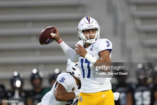 Nick Starkel of the San Jose State Spartans fires a pass downfield during the first half of the game against the Hawaii Rainbow Warriors at the...