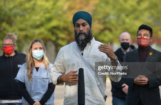 Jagmeet Singh, leader of the New Democratic Party, addresses the media near the East Edmonton Health Centre as he meets with healthcare workers...