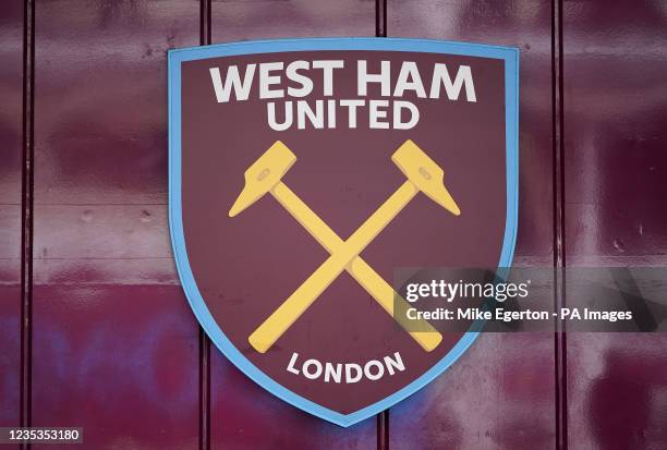 Close up of the badge of West Ham United on the outside of the stadium before the Premier League match at the London Stadium, London. Picture date:...