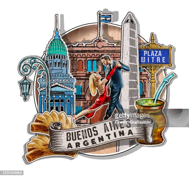 buenos aires argentina with important buildings and symbols - argentina tango stock illustrations