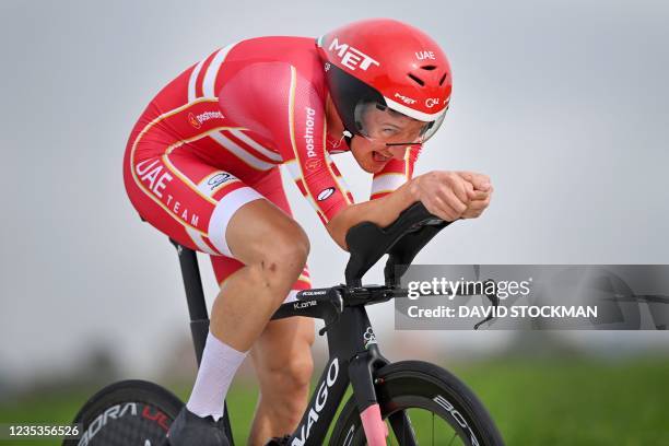 Danish Mikkel Bjerg of UAE Team Emirates competes during the Men elite 43,3 km time trial race, from Knokke-Heist to Brugge, during the UCI World...